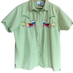 Bobbie Brooks Embroidered Gingham Shirt, Lime Fruity Beach Design, Size 18W/20W